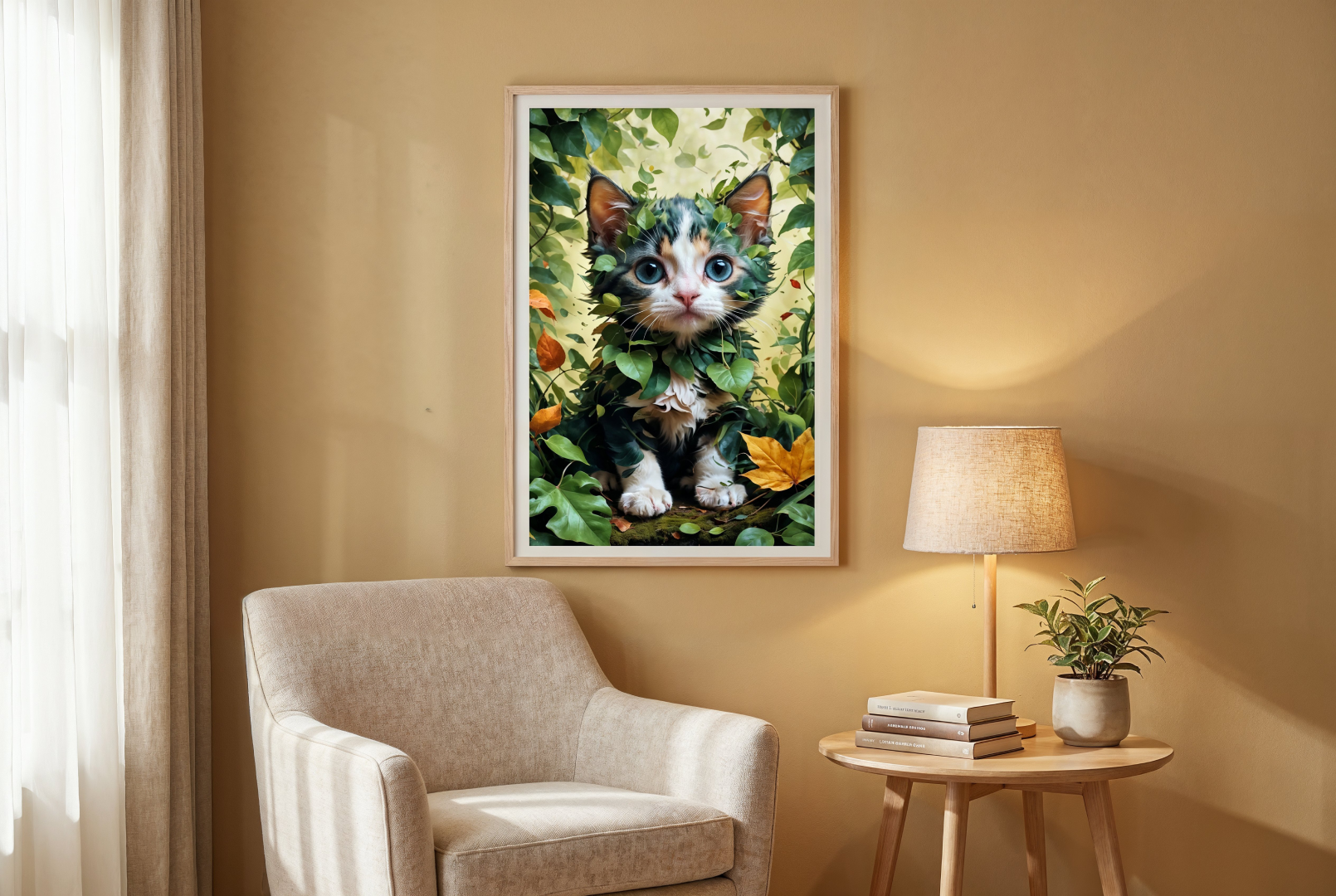 Reading nook with a framed kitten artwork, armchair, lamp, and side table